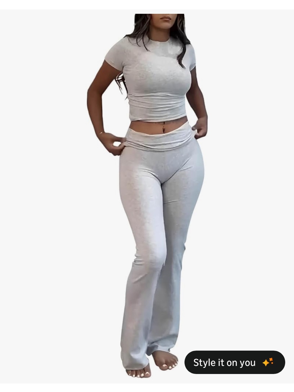 Amazon Women's Light Gray Ribbed Boot Cut Pants Set with Crop Top